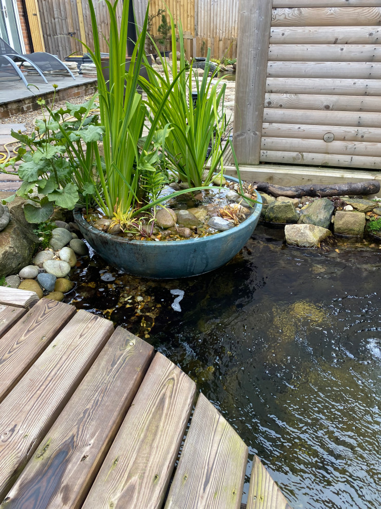 This is an example of a medium sized world-inspired back patio in Manchester with a water feature, decking and no cover.