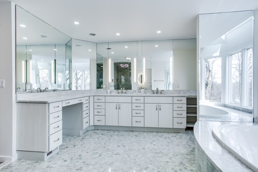 Inspiration for a large contemporary master bathroom in DC Metro with an alcove tub, an undermount sink, engineered quartz benchtops and a hinged shower door.