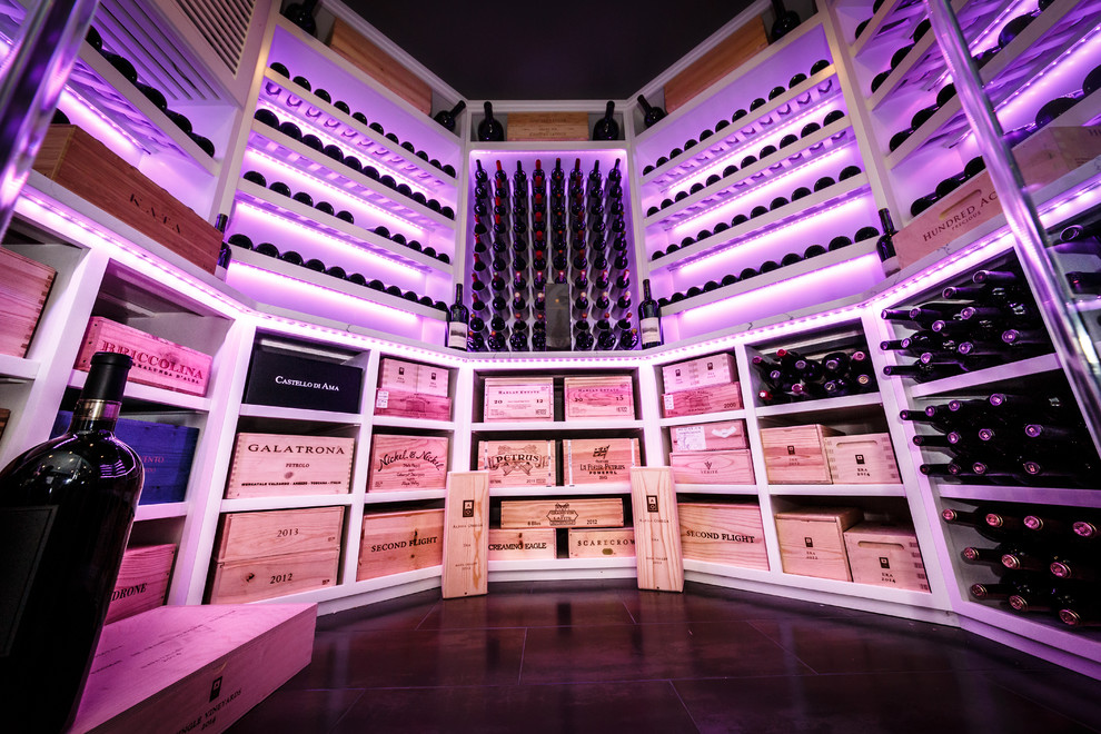 Photo of a large modern wine cellar in New York with porcelain floors, display racks and multi-coloured floor.