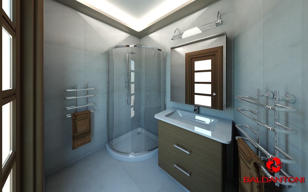 Foto di una grande stanza da bagno con doccia minimalista con ante con riquadro incassato, ante marroni, doccia ad angolo, WC monopezzo, piastrelle bianche, pareti bianche e pavimento bianco