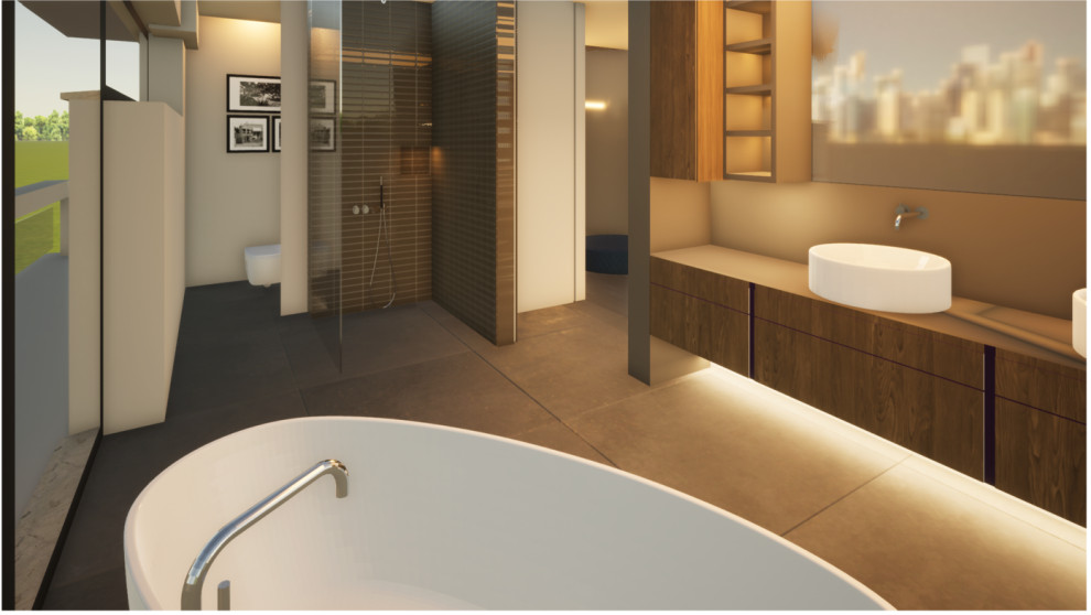 Modern inredning av ett stort beige beige en-suite badrum, med släta luckor, beige skåp, ett fristående badkar, en dusch i en alkov, en bidé, beige kakel, stenkakel, beige väggar, klinkergolv i keramik, ett fristående handfat, kaklad bänkskiva, brunt golv och med dusch som är öppen