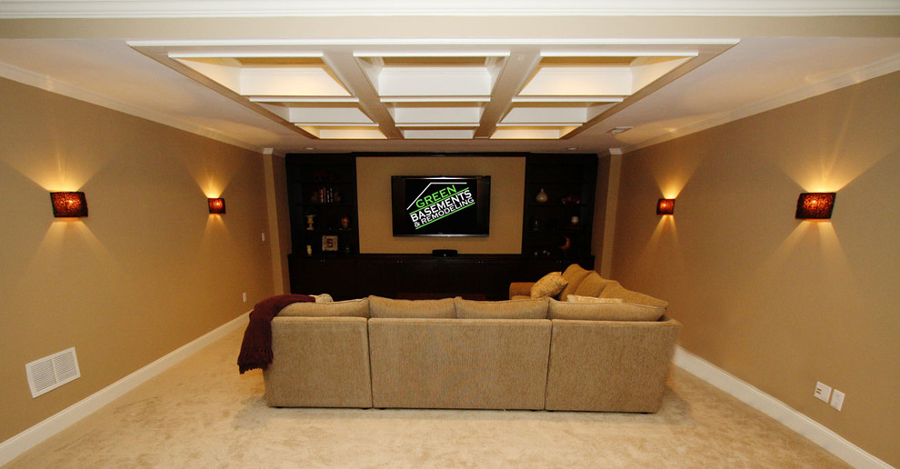 Inspiration for a mid-sized contemporary open concept home theatre in Atlanta with yellow walls, carpet and a built-in media wall.