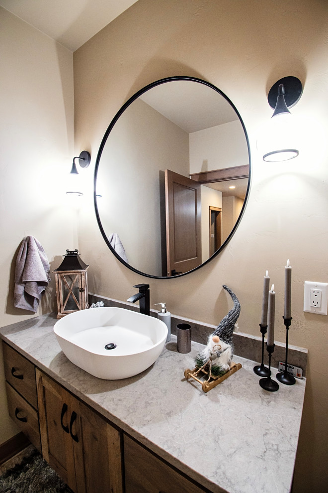 Bathroom - large rustic master ceramic tile, multicolored floor and single-sink bathroom idea with flat-panel cabinets, medium tone wood cabinets, beige walls, a vessel sink, quartzite countertops, multicolored countertops and a floating vanity
