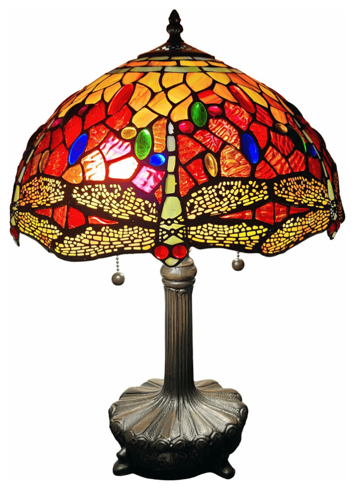 20" Stained Glass Two Light Dragonfly Accent Table Lamp Victorian