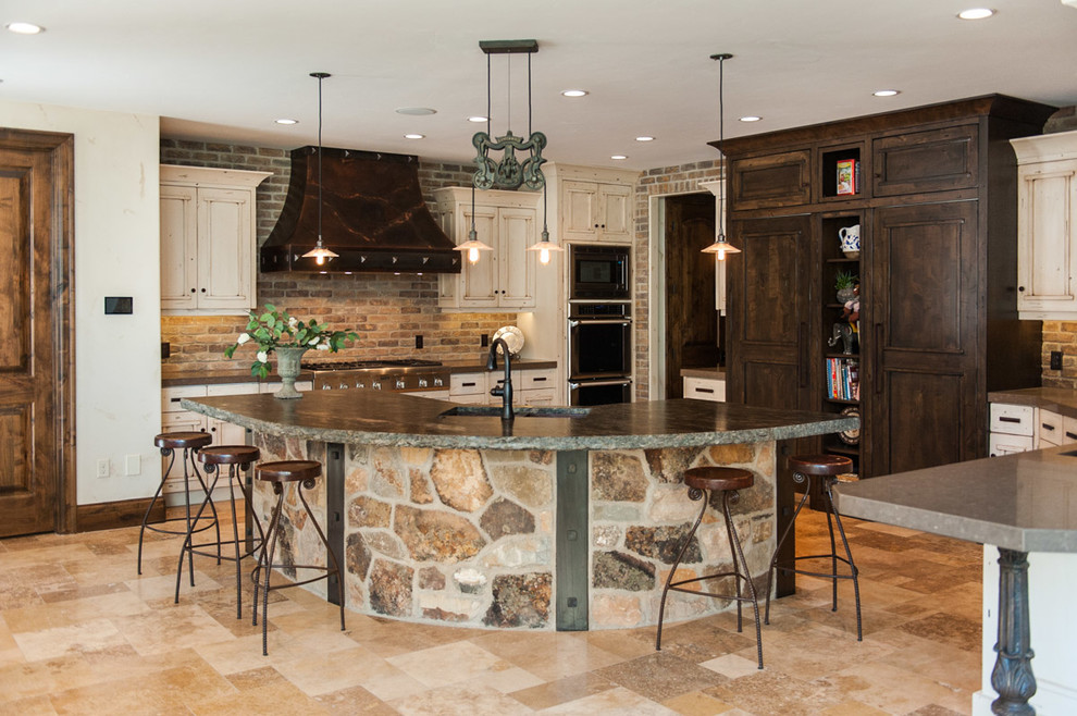 Inspiration for a country l-shaped kitchen in Salt Lake City with recessed-panel cabinets, beige cabinets and with island.
