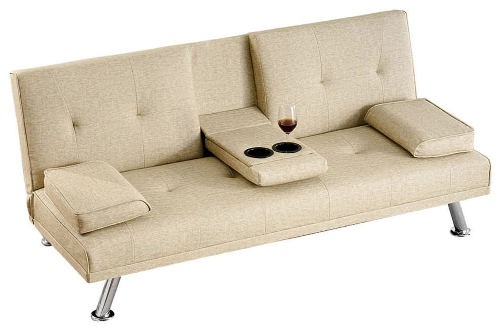 Comfortable Futon Sofa, Movable Arms & Fold Down Cup Holder Modern