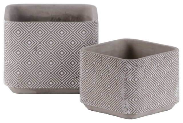 Cemented Square Shape Pots with Engraved Lattice Diamond Pattern Washed Set of 2