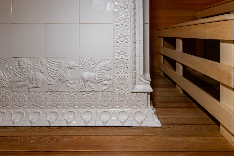 Облицовка банной печи, изразцы из коллекции "Русская этника"