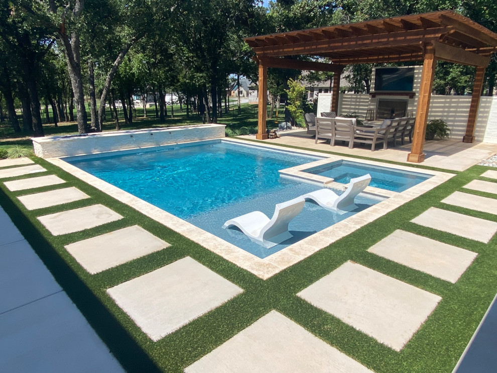 Design ideas for a small modern backyard rectangular pool in Oklahoma City with concrete pavers.
