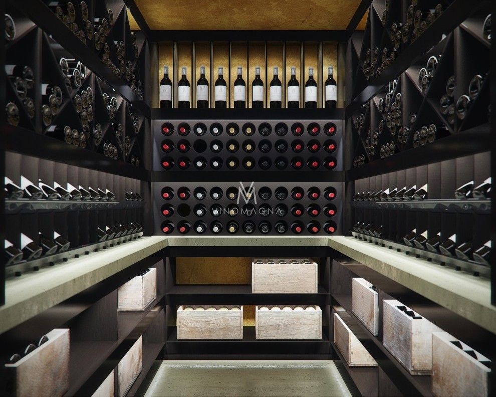 Design ideas for a small traditional wine cellar in Other with marble floors, display racks and grey floor.