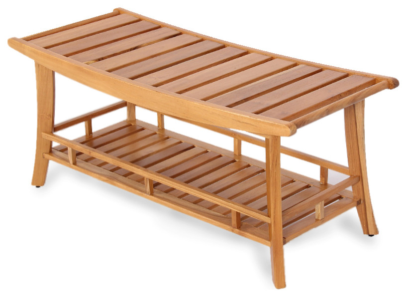 Dussi Teak Wood Large Shower Bench Stool with Shelf Transitional