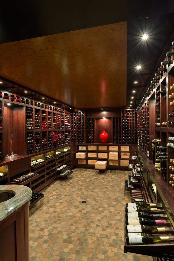 Inspiration for a mid-sized contemporary wine cellar in Raleigh with terra-cotta floors, display racks and orange floor.