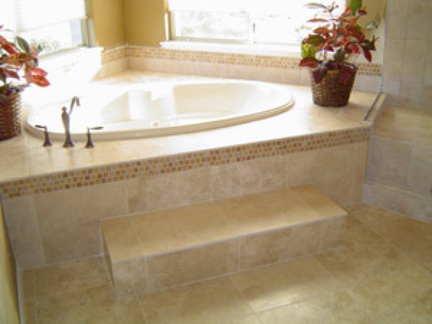 Photo of a large transitional master bathroom in Phoenix with beige tile, ceramic tile, ceramic floors, a corner tub and yellow walls.