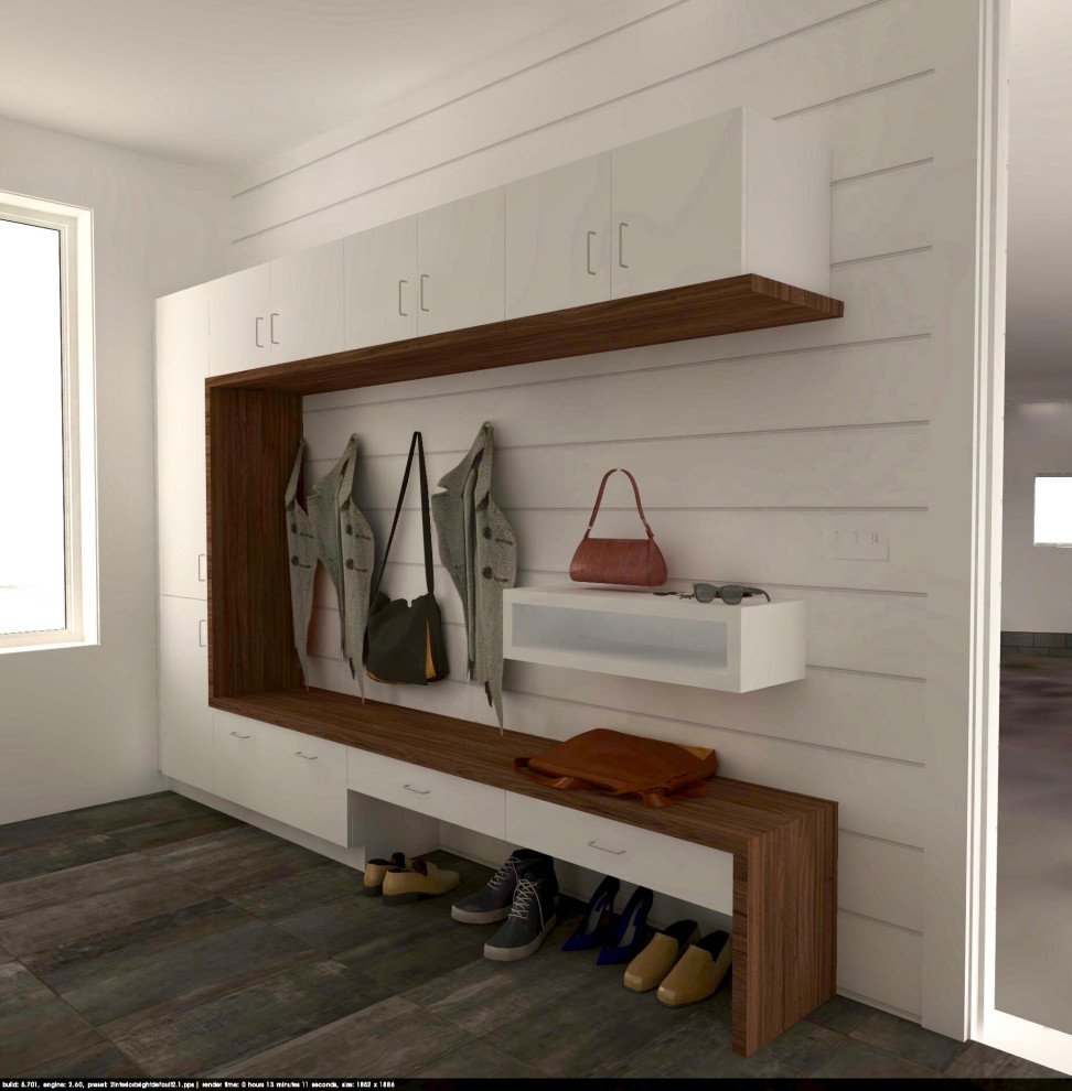 Inspiration for a mid-sized modern mudroom in Detroit with porcelain floors.