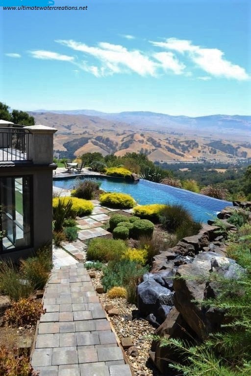 Naturalistic Hillside Infinity Pool and Spa with Waterfall in Pleasanton, CA