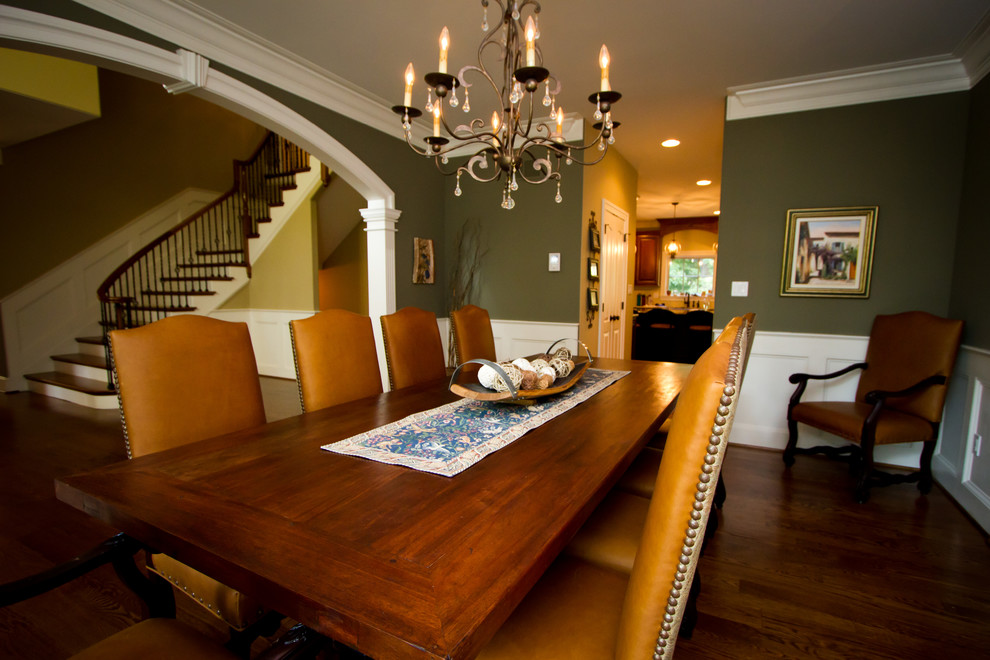 Inspiration for a mid-sized traditional separate dining room in Philadelphia with green walls, dark hardwood floors and no fireplace.