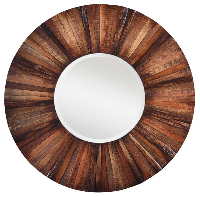 Cooper Classics Kona 36" Round Mirror, Natural Rustic Wood Rustic Wall Mirrors by