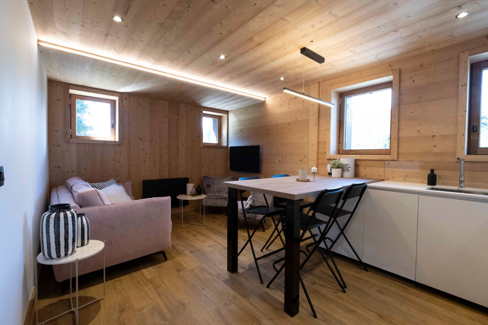 Kleines, Offenes Rustikales Wohnzimmer ohne Kamin mit TV-Wand, weißer Wandfarbe, Laminat, braunem Boden, Holzdecke und Holzwänden in Lyon