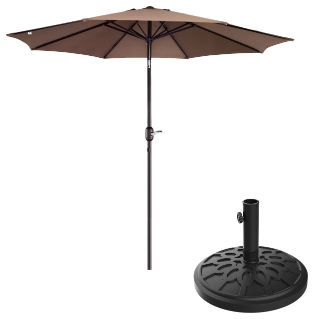Patio Umbrella Umbrella Push Button Tilt Backyard Canopy, 19lbs Base, Brown