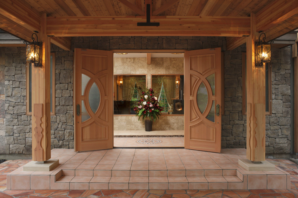 Asian front door in Other with a double front door, a medium wood front door, grey walls, ceramic floors and red floor.