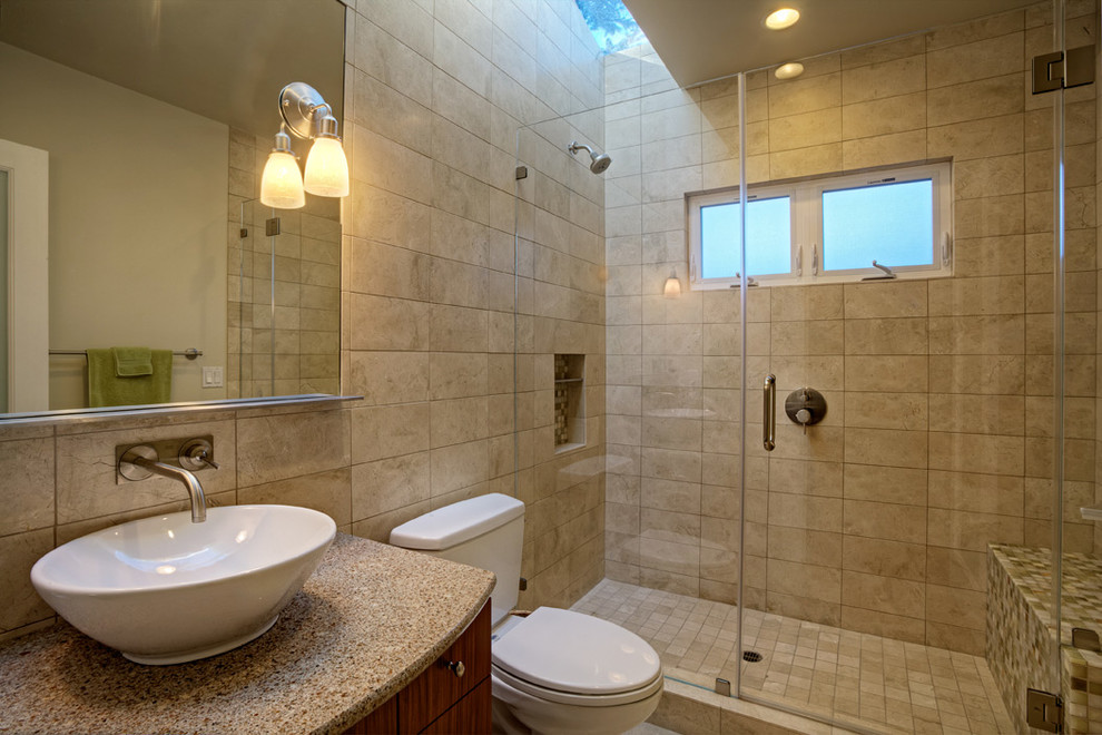 Small contemporary kids bathroom in San Francisco with a vessel sink, flat-panel cabinets, dark wood cabinets, engineered quartz benchtops, an open shower, beige tile and stone tile.