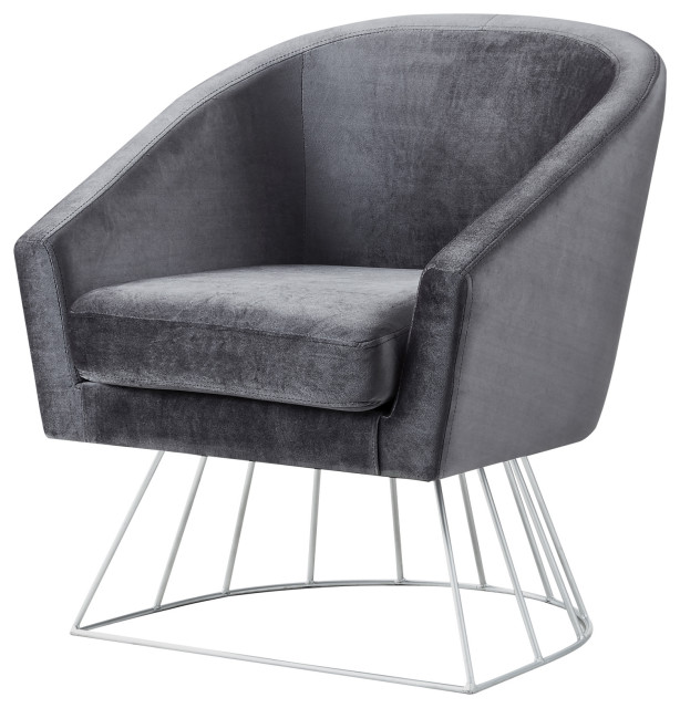 Alice Velvet Barrel Accent Chair With Metal Base, Gray and Silver