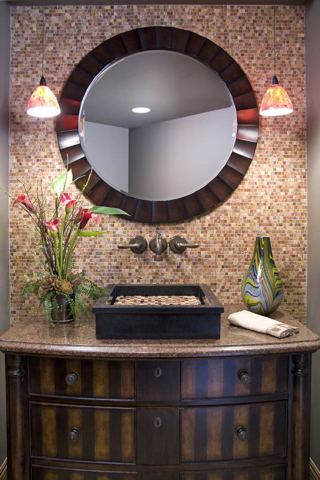Inspiration for a large contemporary powder room in Minneapolis with multi-coloured walls, a vessel sink, flat-panel cabinets, dark wood cabinets and granite benchtops.