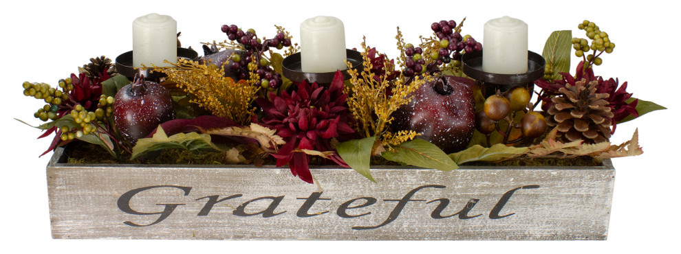 24" Brown Candle Holder with Mums and Pomegranates in a Rectangular Wooden Box