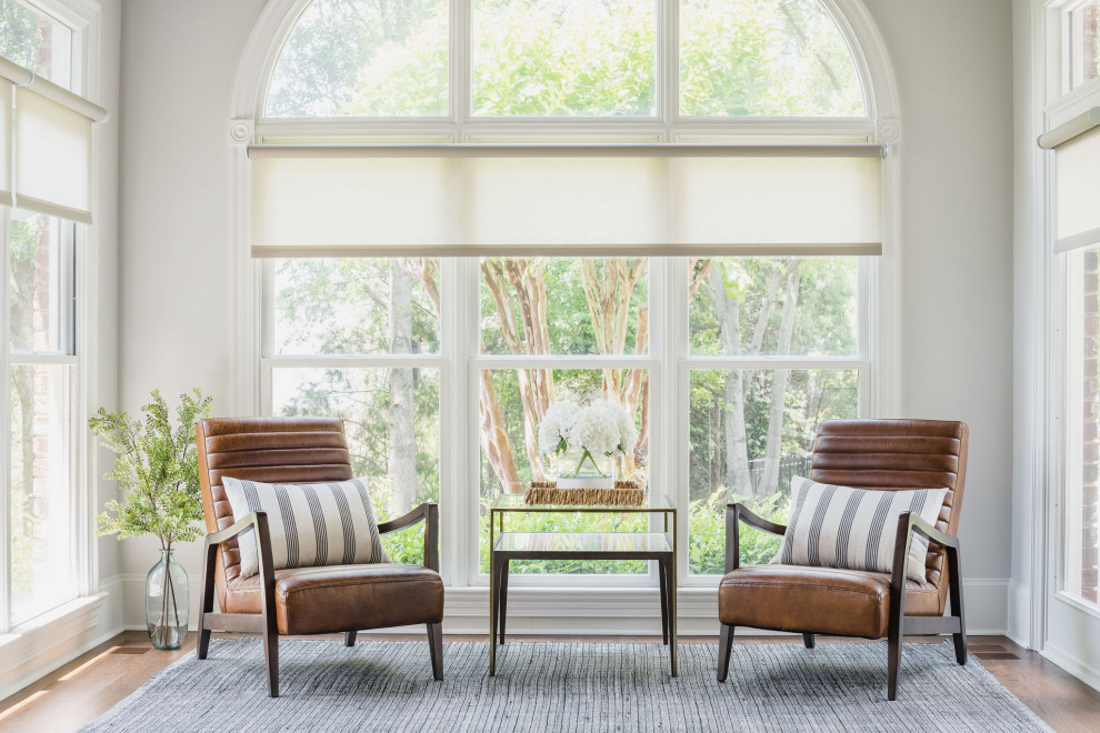 Mid-sized transitional sunroom in Charlotte with medium hardwood floors, no fireplace and brown floor.