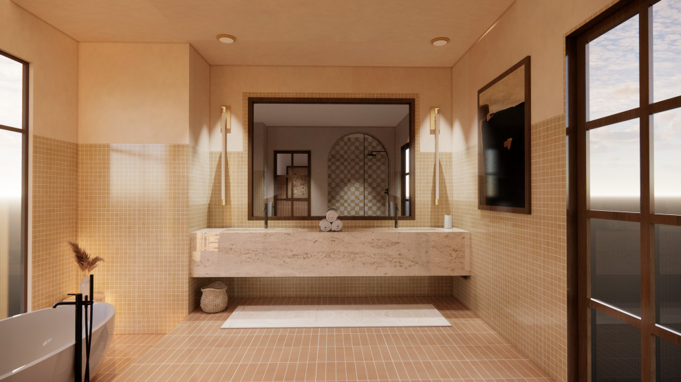 Inspiration för ett mellanstort amerikanskt en-suite badrum, med släta luckor, skåp i mörkt trä, ett fristående badkar, en öppen dusch, en vägghängd toalettstol, flerfärgad kakel, porslinskakel, bänkskiva i kalksten, rosa golv och med dusch som är öppen
