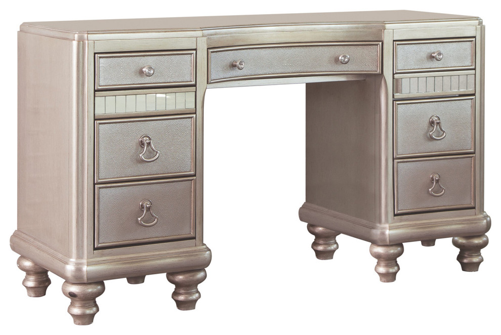 Wood Vanity Desk with 7 Drawers, Metallic Platinum Traditional