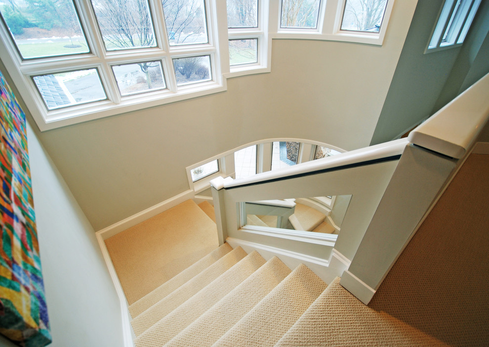 Design ideas for a mid-sized contemporary carpeted u-shaped staircase in DC Metro with carpet risers.