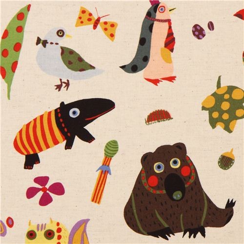 natural-coloured Kokka canvas animal fabric bear hedgehog