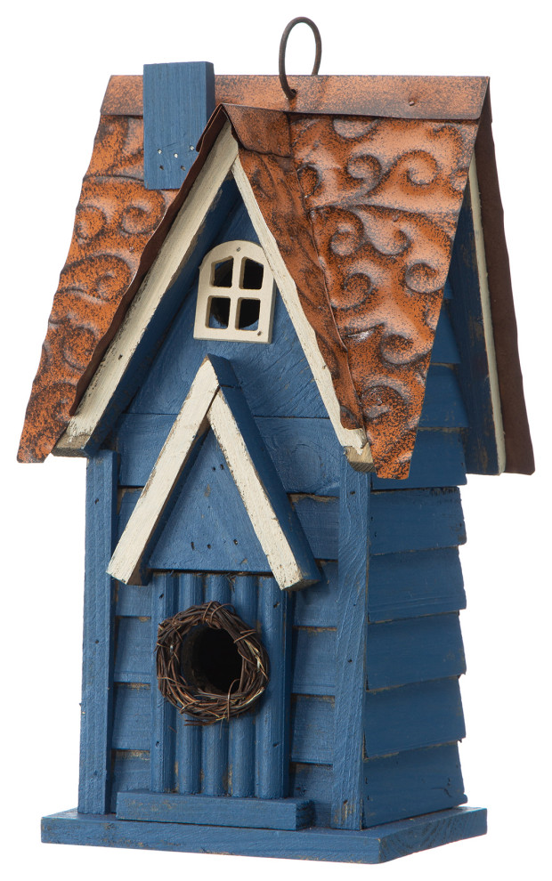 12"H Retro Blue Distressed Solid Wood Cottage Birdhouse Farmhouse