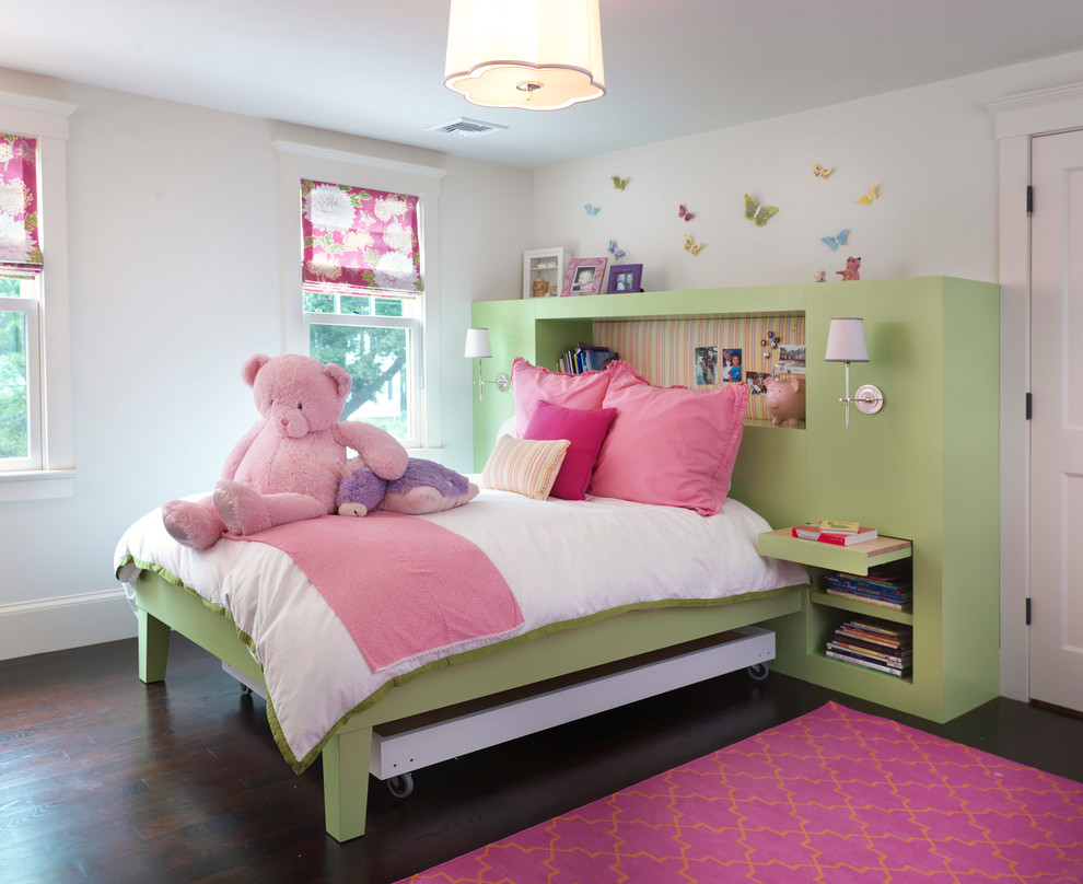 Design ideas for a traditional kids' bedroom for kids 4-10 years old and girls in Boston with white walls and dark hardwood floors.