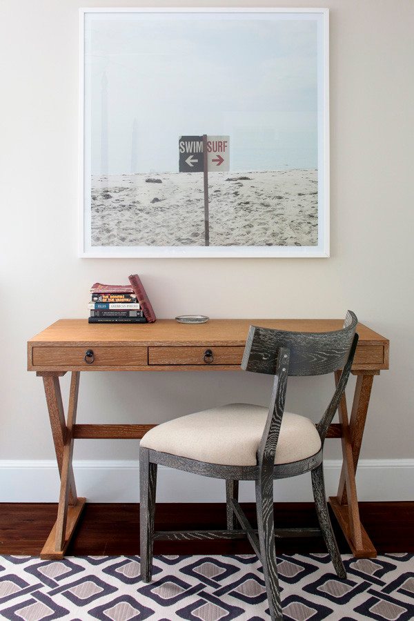 Mid-sized transitional guest dark wood floor and brown floor bedroom photo in New York with beige walls and no fireplace