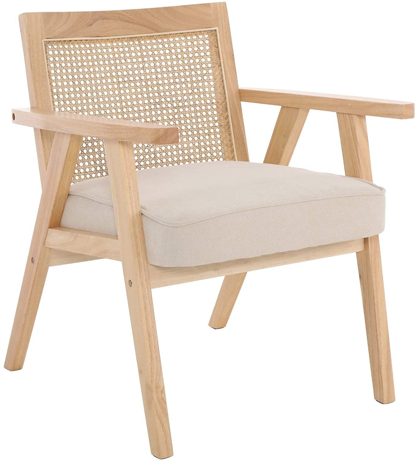 Velvet Accent Chair, Armchair with Hardwood Frames, Modern Living Room Arm Chair with Rattan Back, Beige