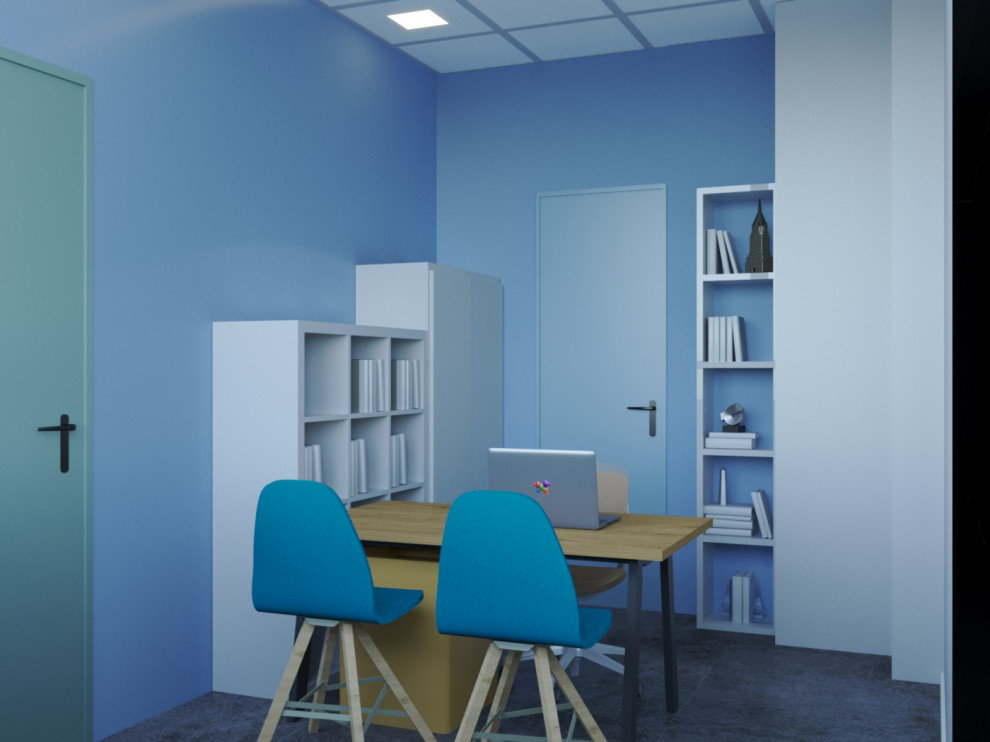 Diseño de despacho minimalista pequeño sin chimenea con paredes azules, suelo de baldosas de terracota, escritorio independiente y suelo gris