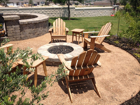 Belgard patio, seatwalls, columns and firepit with decomposed granite sitting ar