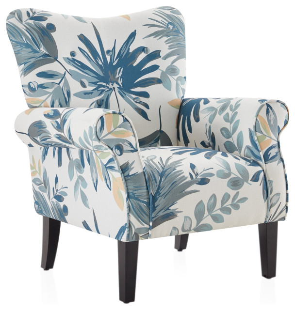 High Wingback Linen Armchair, Green Blue Floral