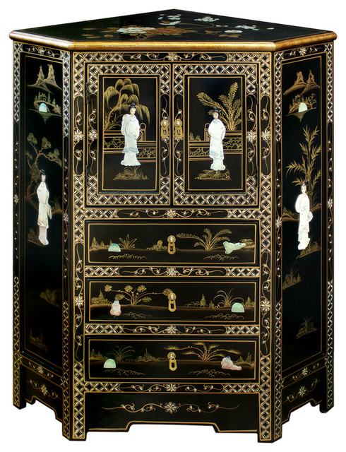 Black Lacquer Mother Of Pearl Corner Cabinet Asian Storage