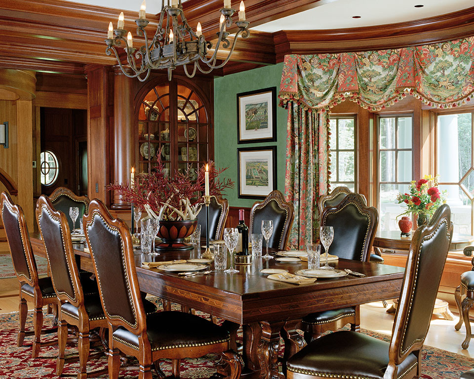 Inspiration for an expansive country separate dining room in Boston with green walls, light hardwood floors, no fireplace and beige floor.