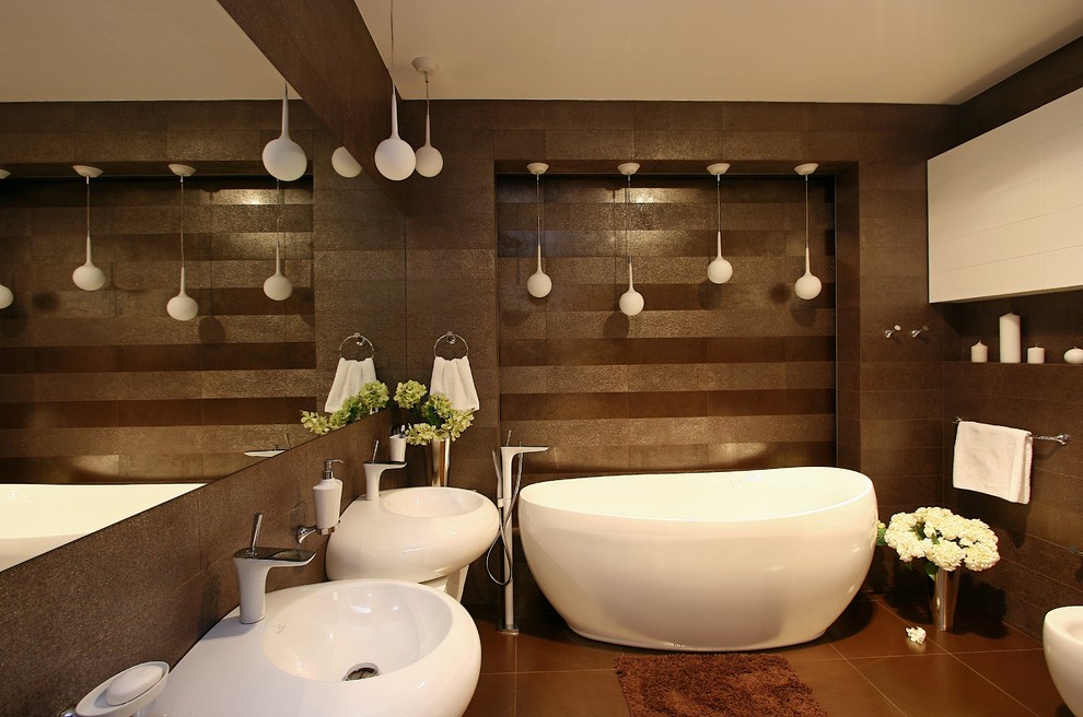 Design ideas for a contemporary bathroom in Other with a freestanding tub.