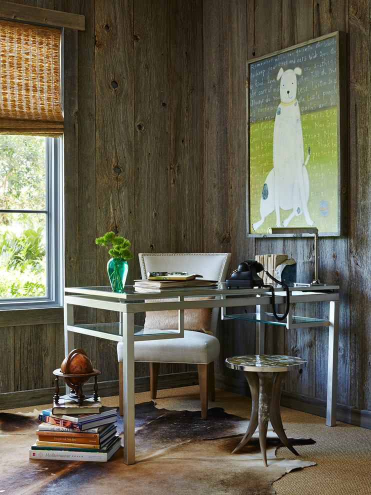 Inspiration for a large beach style study room in Miami with carpet, a freestanding desk, brown walls and no fireplace.