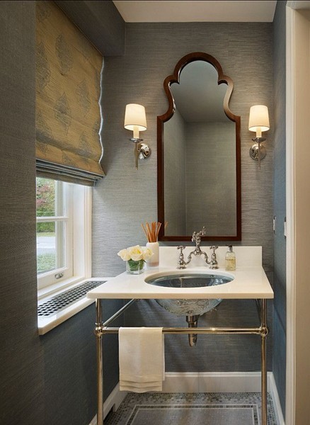 This is an example of a mid-sized transitional bathroom in Houston with open cabinets, grey walls, mosaic tile floors, an undermount sink, solid surface benchtops and grey floor.