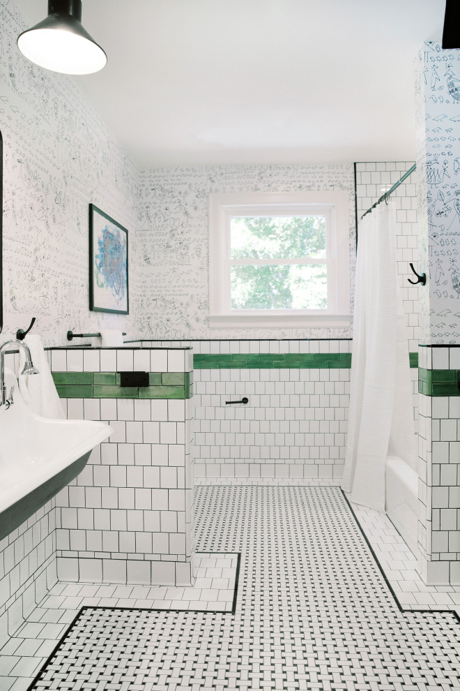 This is an example of a transitional kids bathroom in Austin with an alcove tub, a shower/bathtub combo, a one-piece toilet, white tile, ceramic tile, white walls, mosaic tile floors, a trough sink, white floor, a shower curtain, a double vanity and decorative wall panelling.