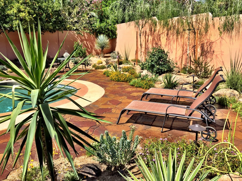 Design ideas for a large drought-tolerant and full sun backyard gravel landscaping in Phoenix.