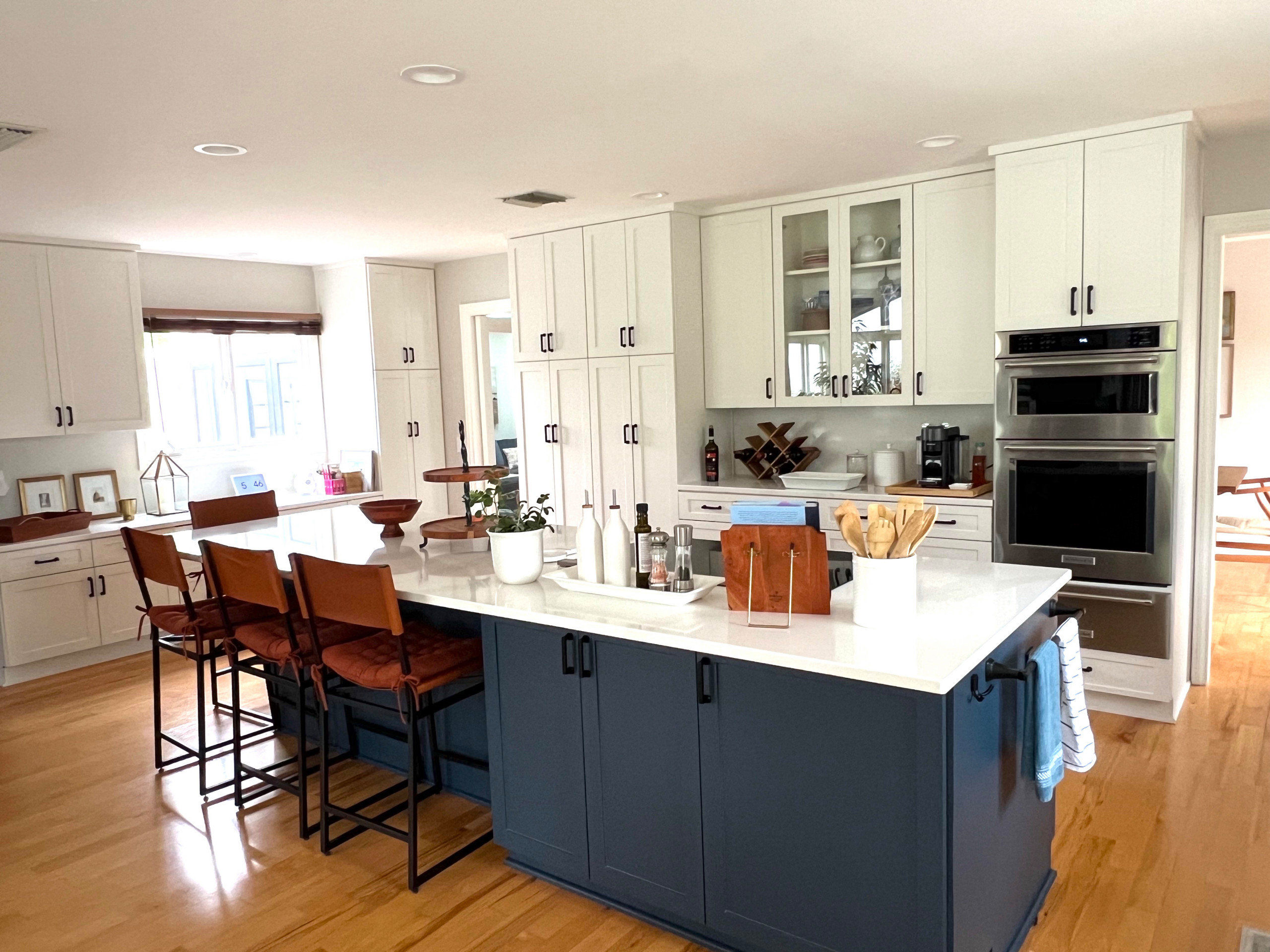 Transitional Kitchen with Navy Blue Island