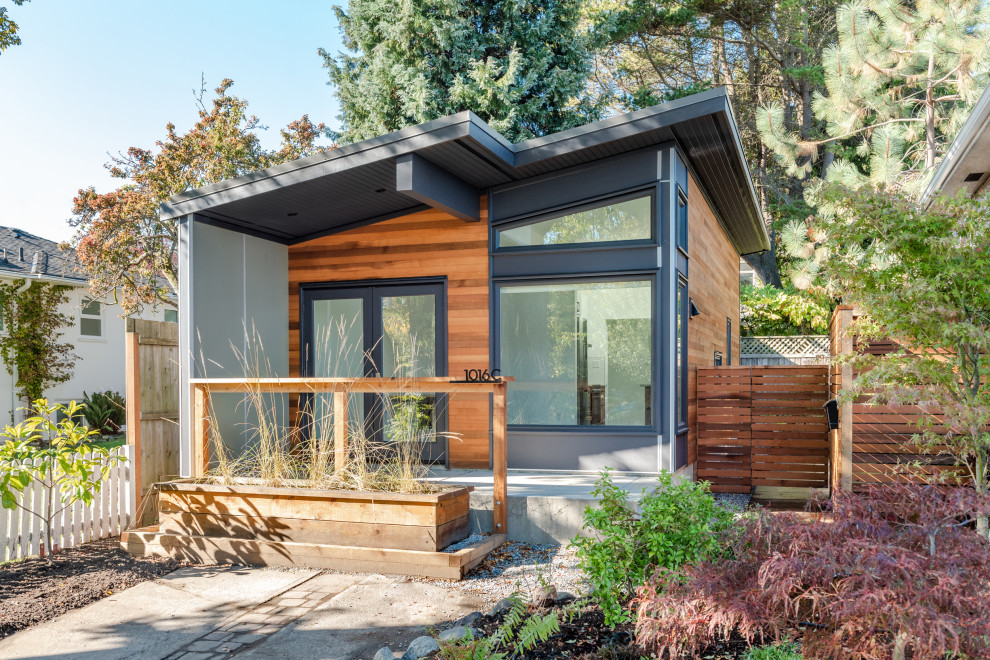 Inspiration pour une petite façade de Tiny House noire minimaliste en bois de plain-pied avec un toit en appentis, un toit en métal et un toit noir.