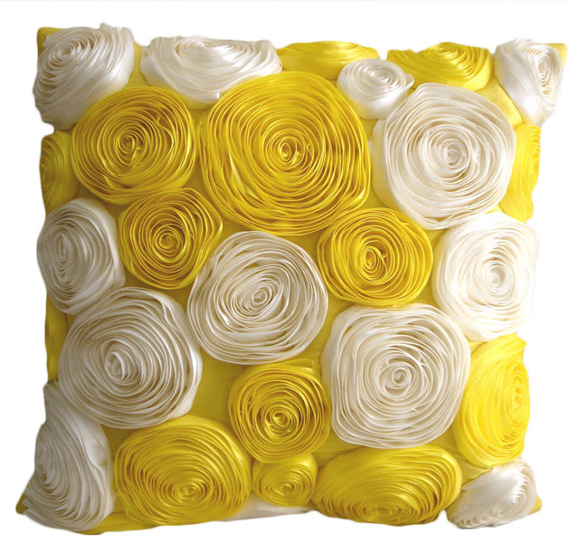 The HomeCentric Satin Ribbon 16"x16" Silk Yellow Throw Pillows Cover